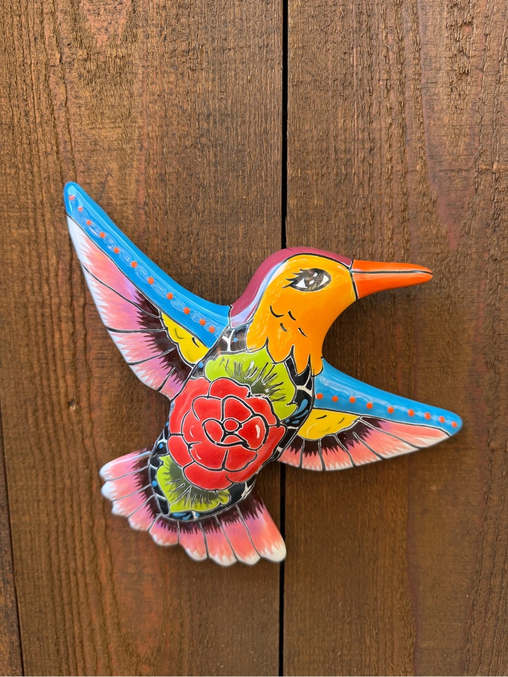 Hand-Painted Talavera Hummingbird Wall Accent - Blue, Orange & Red